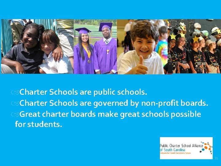  Charter Schools are public schools. Charter Schools are governed by non-profit boards. Great