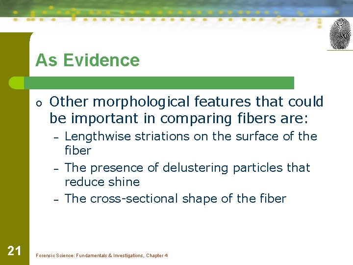 As Evidence o Other morphological features that could be important in comparing fibers are: As Evidence o Other morphological features that could be important in comparing fibers are: