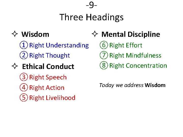 -9 Three Headings ² Wisdom ① Right Understanding ② Right Thought ² Ethical Conduct