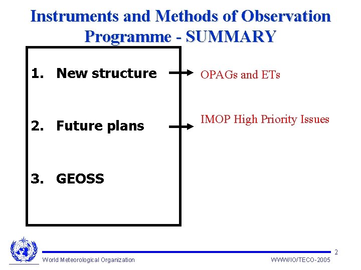 Instruments and Methods of Observation Programme - SUMMARY 1. New structure OPAGs and ETs