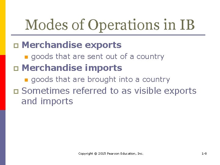 Modes of Operations in IB p Merchandise exports n p Merchandise imports n p