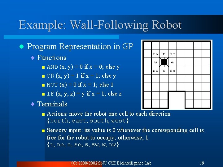 Example: Wall-Following Robot l Program Representation in GP ¨ Functions (x, y) = 0