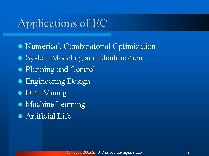 Applications of EC l l l l Numerical, Combinatorial Optimization System Modeling and Identification