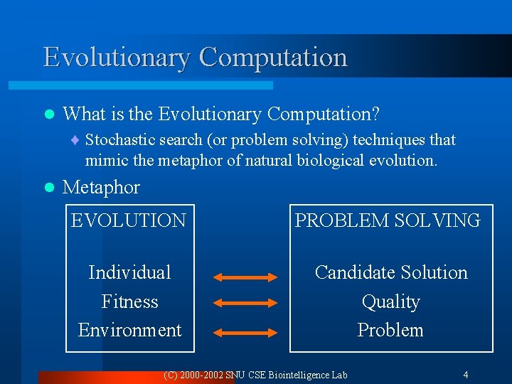 Evolutionary Computation l What is the Evolutionary Computation? ¨ Stochastic search (or problem solving)