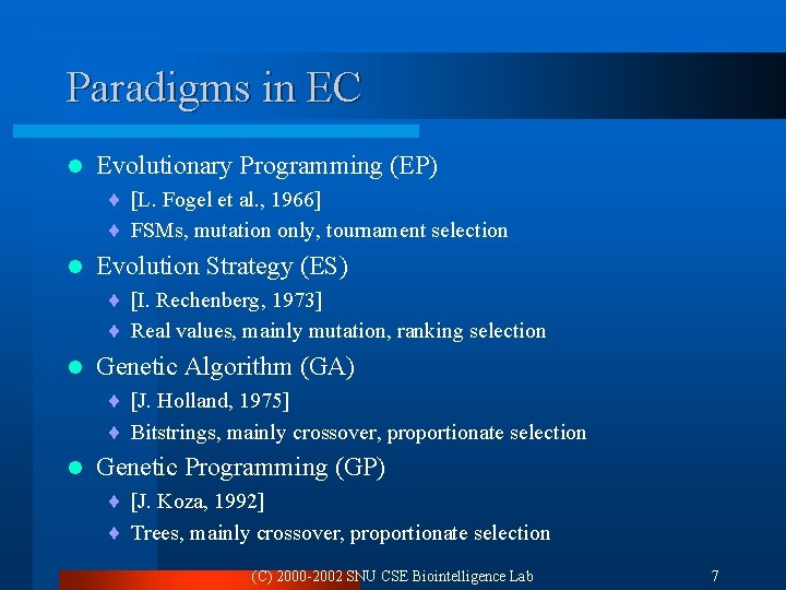 Paradigms in EC l Evolutionary Programming (EP) ¨ [L. Fogel et al. , 1966]