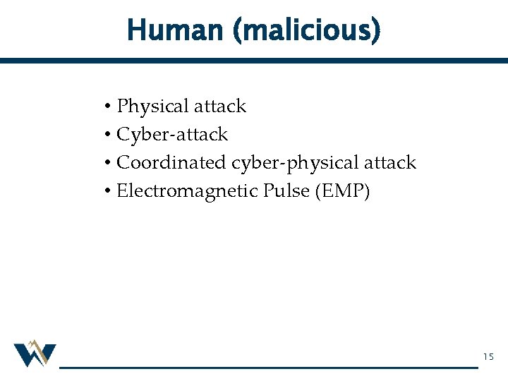 Human (malicious) • Physical attack • Cyber-attack • Coordinated cyber-physical attack • Electromagnetic Pulse
