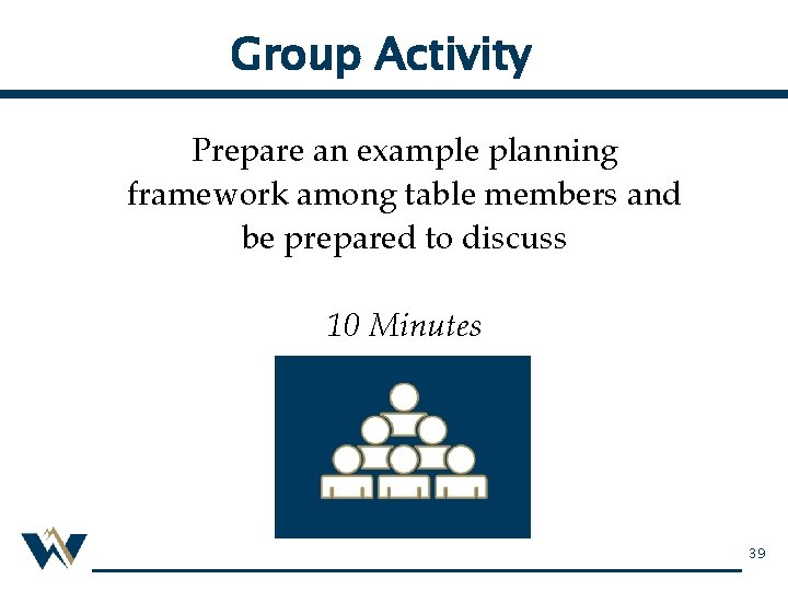 Group Activity Prepare an example planning framework among table members and be prepared to