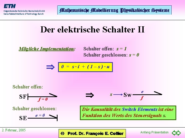 Der elektrische Schalter II Mögliche Implementation: Schalter offen: SF f=0 Schalter geschlossen: SE 2.