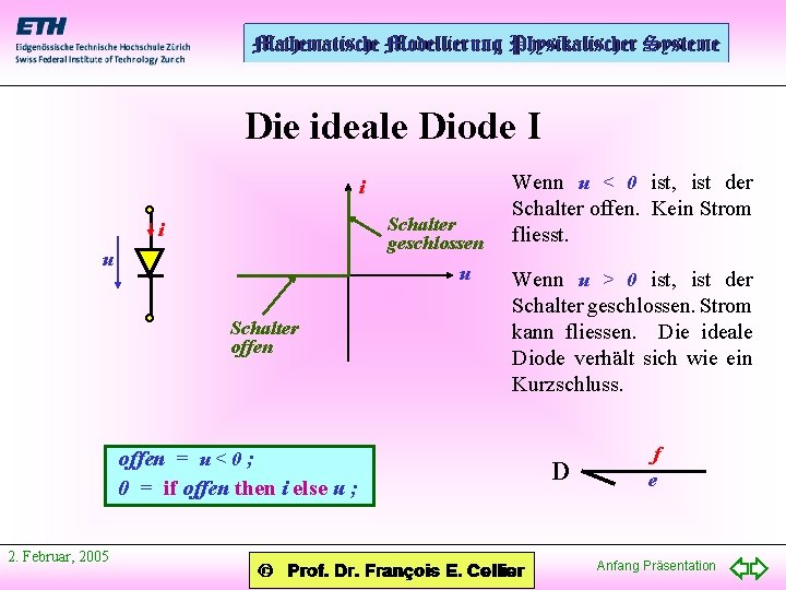 Die ideale Diode I i Schalter geschlossen i u u Schalter offen = u