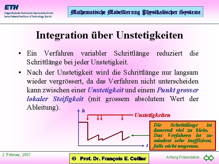 Integration über Unstetigkeiten • Ein Verfahren variabler Schrittlänge reduziert die Schrittlänge bei jeder Unstetigkeit.