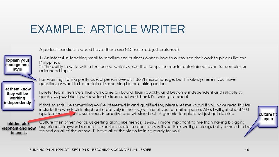 EXAMPLE: ARTICLE WRITER RUNNING ON AUTOPILOT - SECTION 5 – BECOMING A GOOD VIRTUAL