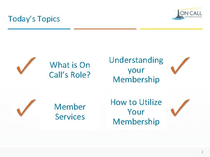 Today’s Topics What is On Call’s Role? Understanding your Membership Member Services How to