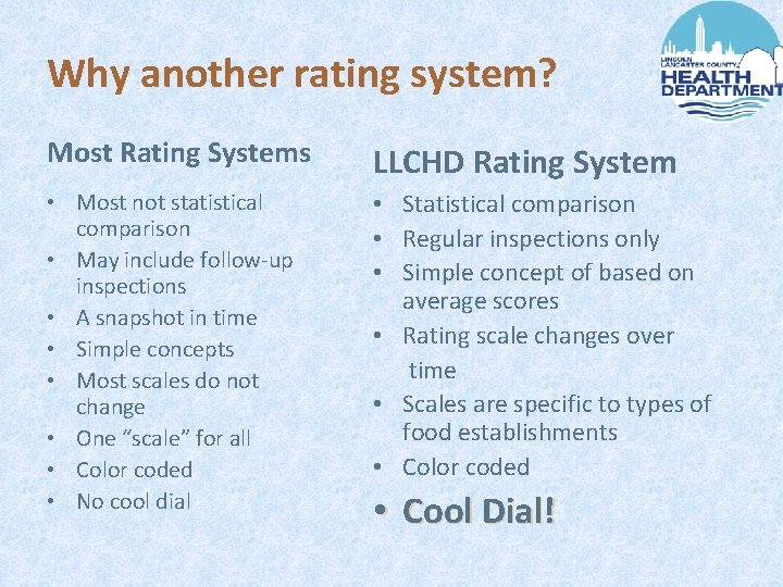 Why another rating system? Most Rating Systems LLCHD Rating System • Most not statistical