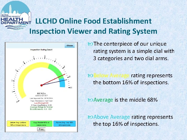 LLCHD Online Food Establishment Inspection Viewer and Rating System The centerpiece of our unique