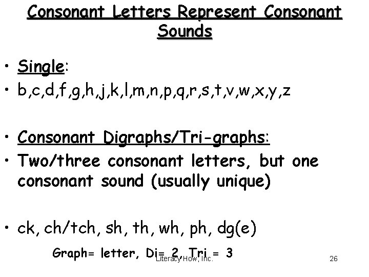 Consonant Letters Represent Consonant Sounds • Single: • b, c, d, f, g, h,