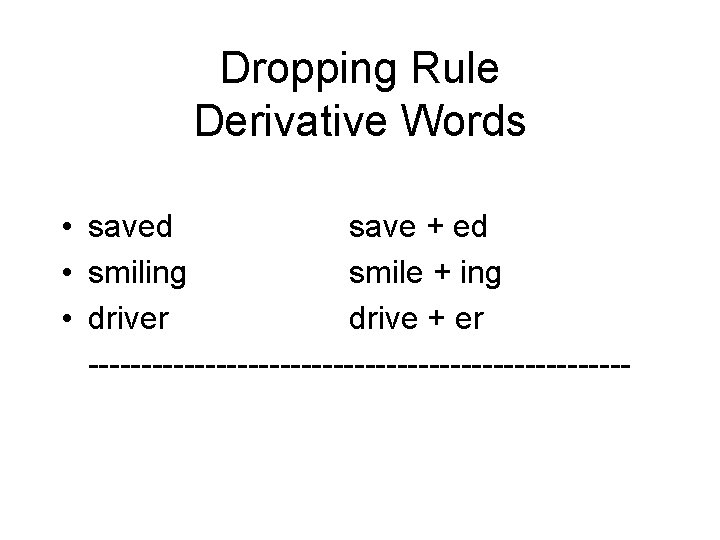 Dropping Rule Derivative Words • saved save + ed • smiling smile + ing