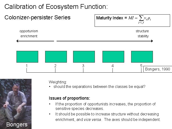 Calibration of Ecosystem Function: Colonizer-persister Series Maturity Index = opportunism structure enrichment stability 1