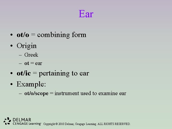 Ear • ot/o = combining form • Origin – Greek – ot = ear