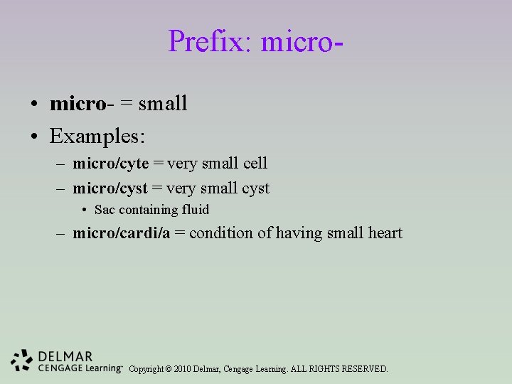 Prefix: micro • micro- = small • Examples: – micro/cyte = very small cell