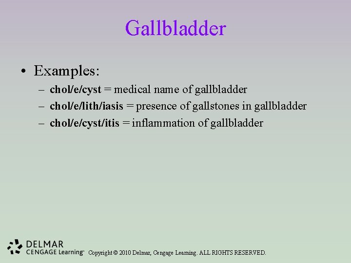 Gallbladder • Examples: – chol/e/cyst = medical name of gallbladder – chol/e/lith/iasis = presence
