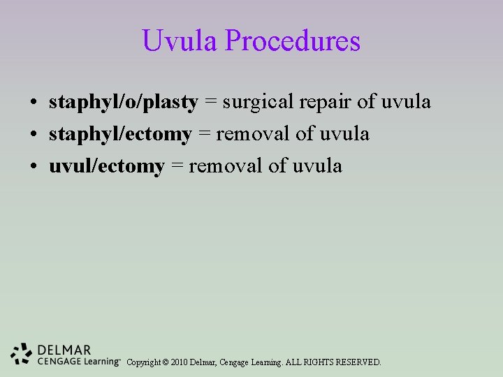 Uvula Procedures • staphyl/o/plasty = surgical repair of uvula • staphyl/ectomy = removal of