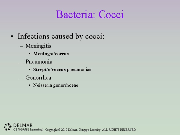 Bacteria: Cocci • Infections caused by cocci: – Meningitis • Mening/o/coccus – Pneumonia •