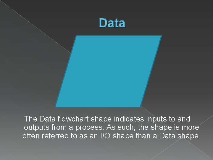 Data The Data flowchart shape indicates inputs to and outputs from a process. As