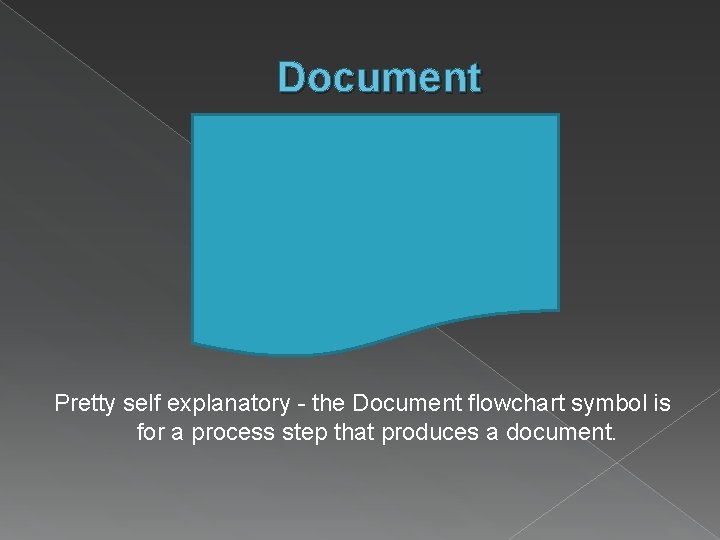 Document Pretty self explanatory - the Document flowchart symbol is for a process step Document Pretty self explanatory - the Document flowchart symbol is for a process step