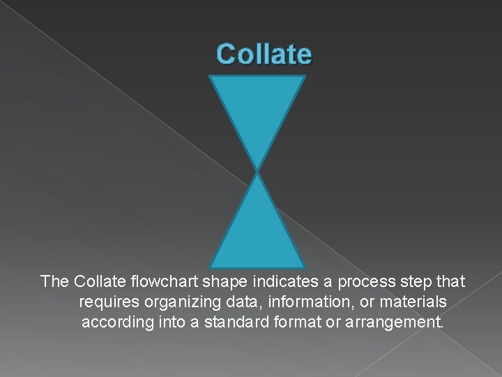 Collate The Collate flowchart shape indicates a process step that requires organizing data, information,