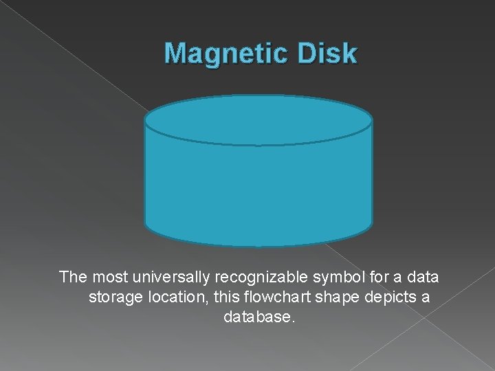 Magnetic Disk The most universally recognizable symbol for a data storage location, this flowchart