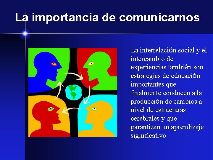 La importancia de comunicarnos La interrelación social y el intercambio de experiencias también son