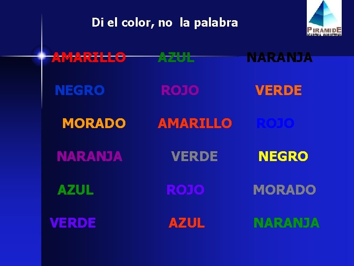 Di el color, no la palabra AMARILLO AZUL NARANJA NEGRO ROJO VERDE MORADO AMARILLO