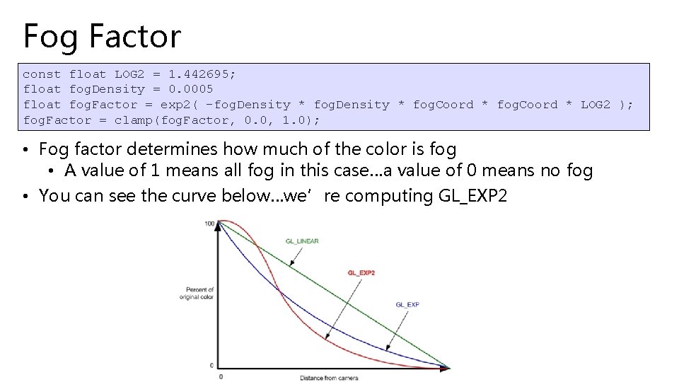 Fog Factor const float LOG 2 = 1. 442695; float fog. Density = 0.