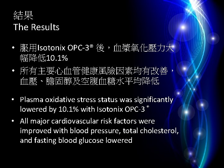 結果 The Results • 服用Isotonix OPC-3® 後，血漿氧化壓力大 幅降低10. 1% • 所有主要心血管健康風險因素均有改善， 血壓、膽固醇及空腹血糖水平均降低 • Plasma