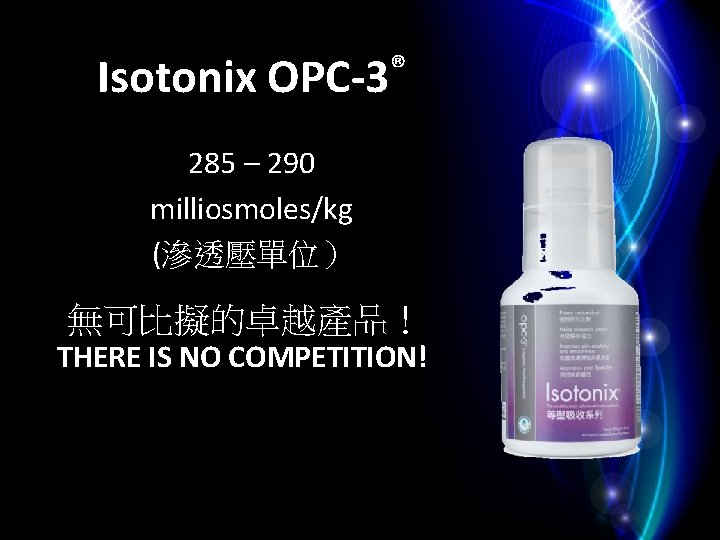 Isotonix OPC-3® 285 – 290 milliosmoles/kg (滲透壓單位）　 無可比擬的卓越產品！ THERE IS NO COMPETITION! 