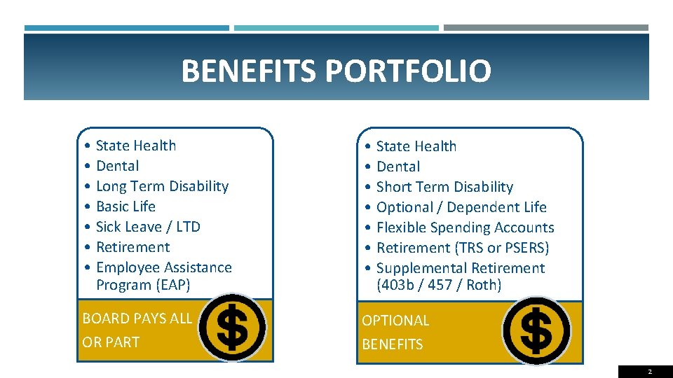 BENEFITS PORTFOLIO • State Health • Dental • Long Term Disability • Basic Life