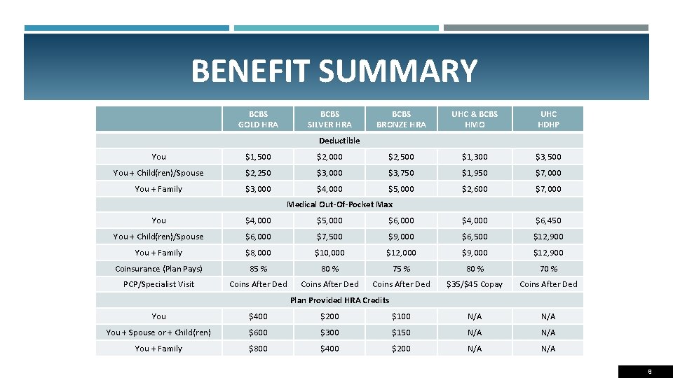 BENEFIT SUMMARY BCBS GOLD HRA BCBS SILVER HRA BCBS BRONZE HRA UHC & BCBS