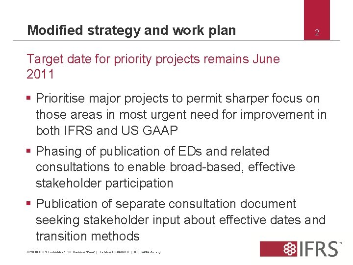 Modified strategy and work plan 2 Target date for priority projects remains June 2011