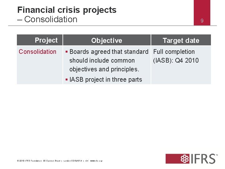 Financial crisis projects – Consolidation Project Consolidation Objective 9 Target date § Boards agreed