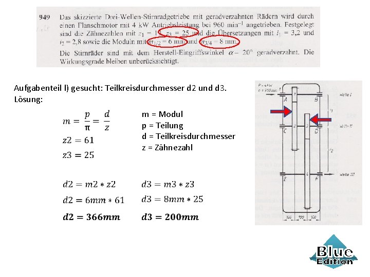Aufgabenteil l) gesucht: Teilkreisdurchmesser d 2 und d 3. Lösung: m = Modul p