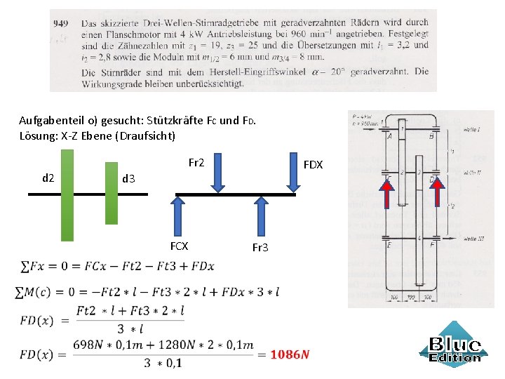 Aufgabenteil o) gesucht: Stützkräfte FC und FD. Lösung: X-Z Ebene (Draufsicht) Fr 2 d