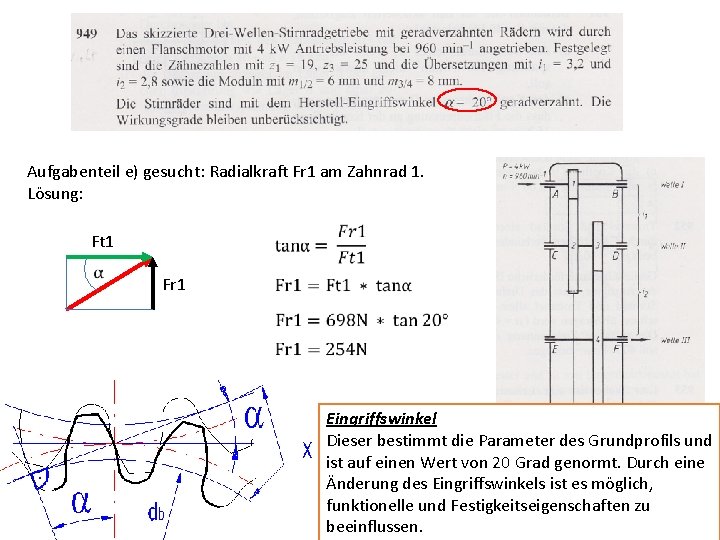 Aufgabenteil e) gesucht: Radialkraft Fr 1 am Zahnrad 1. Lösung: Ft 1 Fr 1