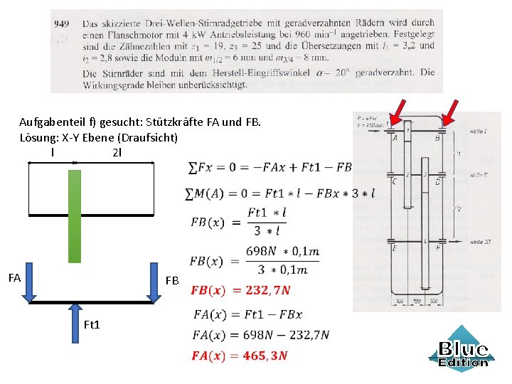 Aufgabenteil f) gesucht: Stützkräfte FA und FB. Lösung: X-Y Ebene (Draufsicht) l 2 l
