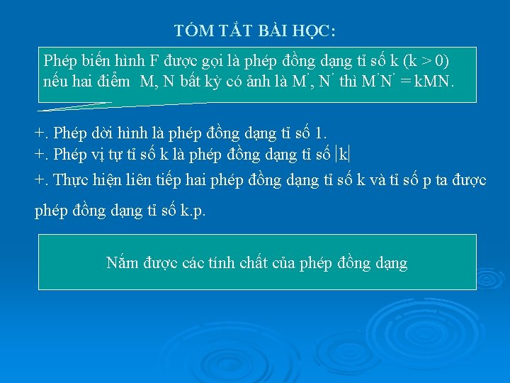 TÓM TẮT BÀI HỌC: Phép biến hình F được gọi là phép đồng dạng