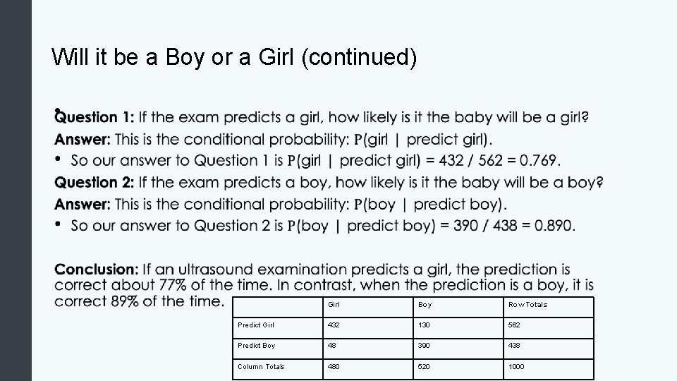 Will it be a Boy or a Girl (continued) • Girl Boy Row Totals
