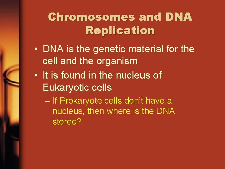 Chromosomes and DNA Replication • DNA is the genetic material for the cell and