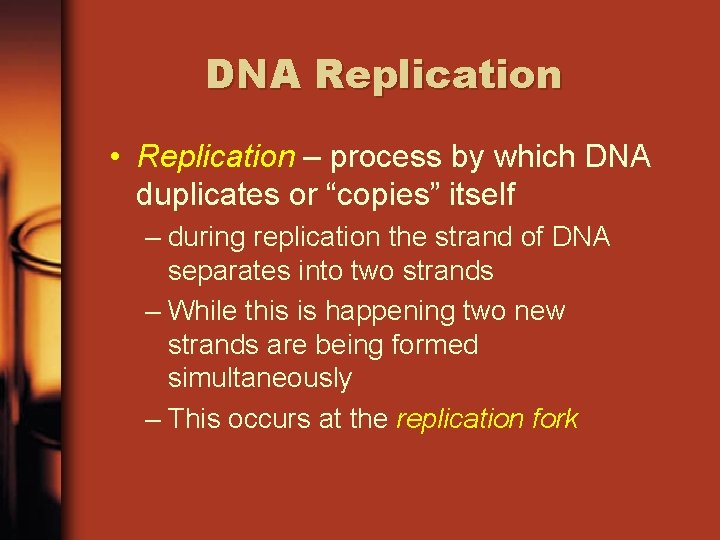 DNA Replication • Replication – process by which DNA duplicates or “copies” itself –