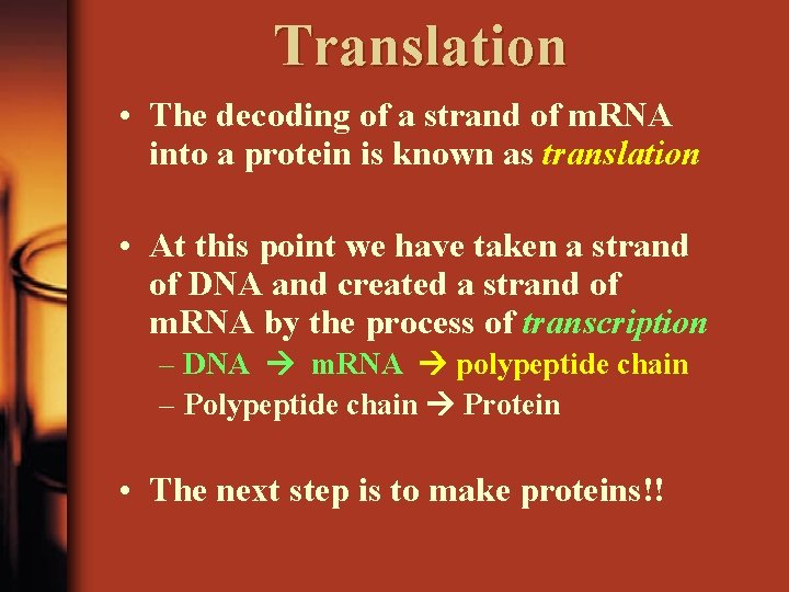 Translation • The decoding of a strand of m. RNA into a protein is