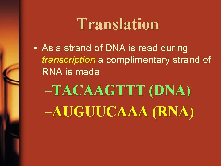 Translation • As a strand of DNA is read during transcription a complimentary strand