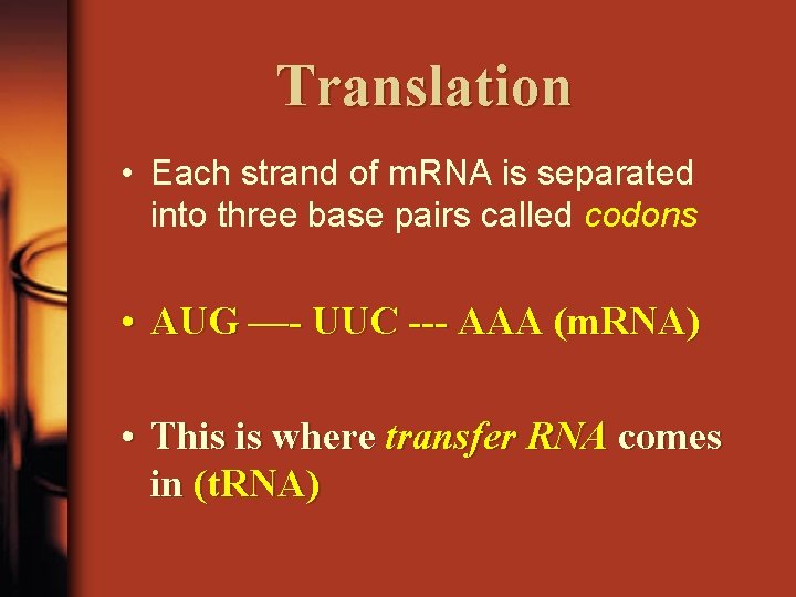 Translation • Each strand of m. RNA is separated into three base pairs called